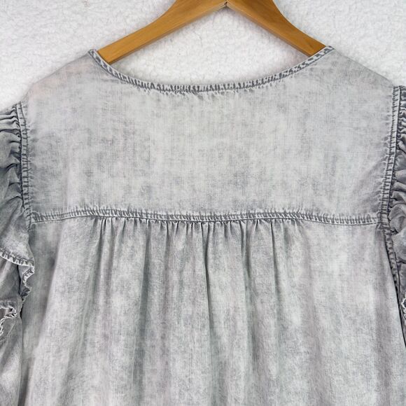Jane + Delancey Tunic Top Blouse Gray Acid Wash 2X Smocked Ruffle Sleeve Boho - Picture 9 of 13